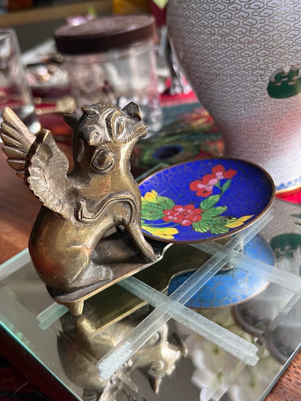 Antique Brass Winged Griffin Figurine with Blue Cloisonne mini Dish